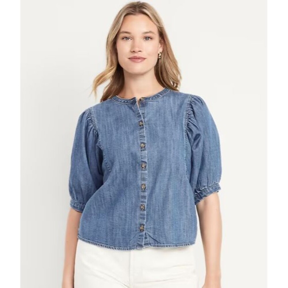 Old Navy Puff-Sleeve Button-Down Cropped Denim Shirt Size XXL Tall blue